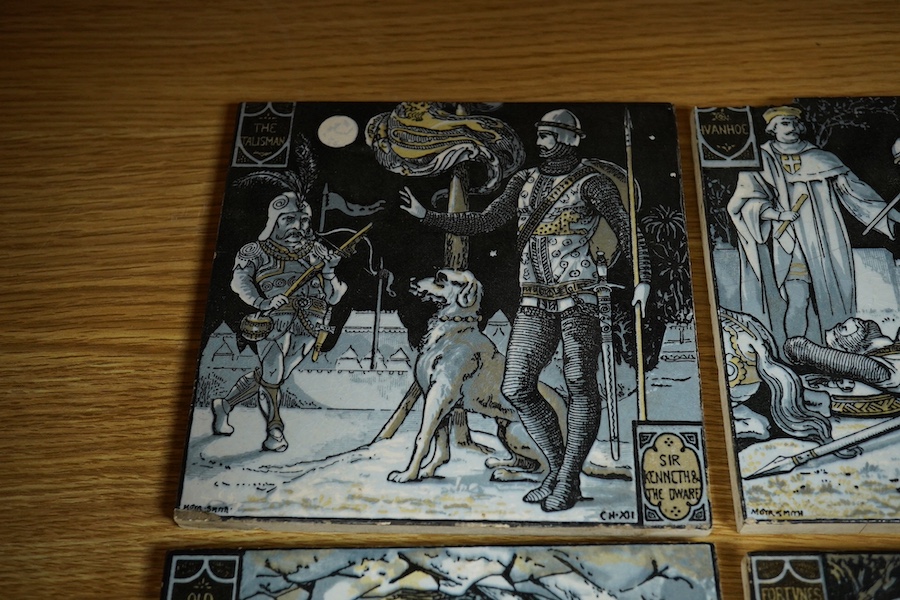 A set of four Minton tiles designed by John Moyr Smith (1839-1912), to include Nigel & King James and Sir Kenneth & the Dwarves, each 15 x 15cm. Condition -fair/good